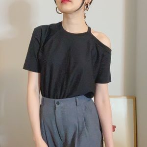 Helmet Lang Black Cotton Cutout Shoulder T-shirt